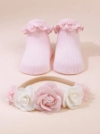 set za bebe, pamučne čarape, široka traka za glavu, ružičasta boja, antiklizne, originalni stil, tilni cvijet, elastična, udobne