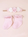 set za bebe, pamučne čarape, široka traka za glavu, ružičasta boja, antiklizne, originalni stil, tilni cvijet, elastična, udobne