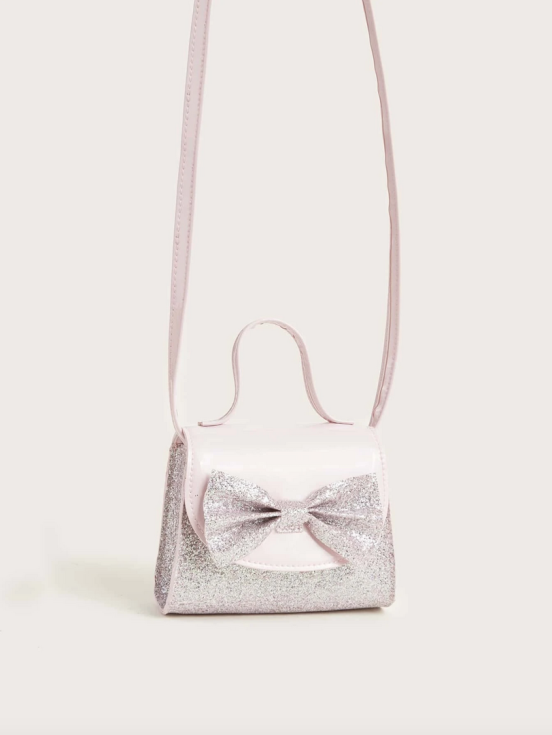torba za djevojčice, rozi sjaj, djevojačka torba, torba s mašnom, blještava torba, torba za posebne prigode, dječja moda, elegantna torba za djevojčice