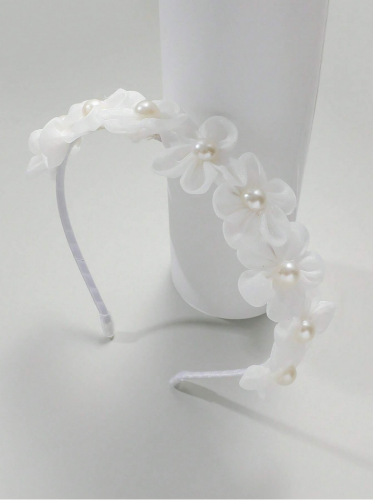 Elegantna bijela traka za kosu s cvjetovima i biserima – za djevojčice