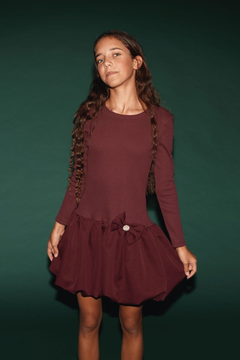 Haljina za djevojčice Aria burgund, prednji pogled s balon suknjom