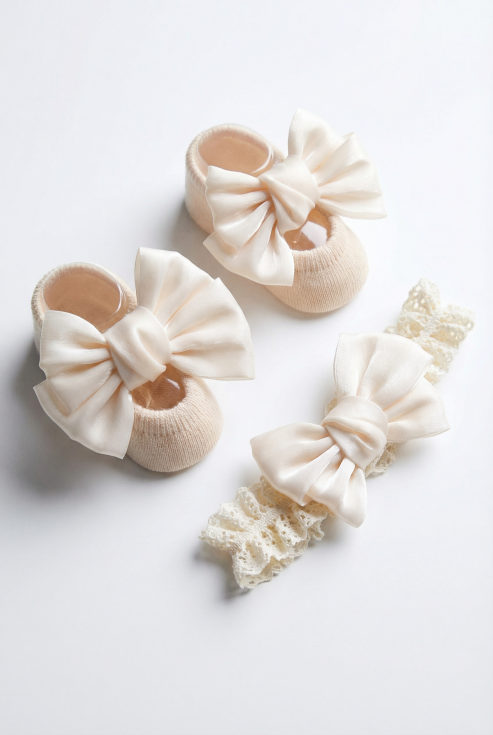 set za krštenje beba, bež traka za glavu, čipkaste čarapice za bebe, svečana oprema za bebe, poklon za krštenje, neklizajuće čarape bebe