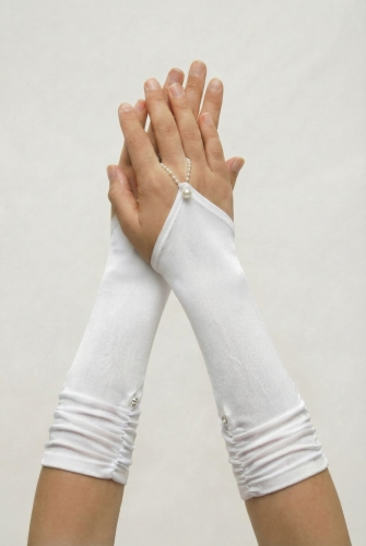 Bijele duge rukavice za pričest s cvjetićima i cirkonima R38 