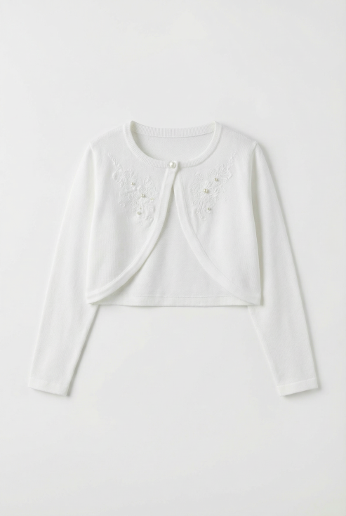 dječji bolero, bolero za djevojčice, elegantni bolero, bolero za pričest, dječja svečana odjeća, bolero s biserima, bolero s cvjetnim vezom, odjeća za krštenje